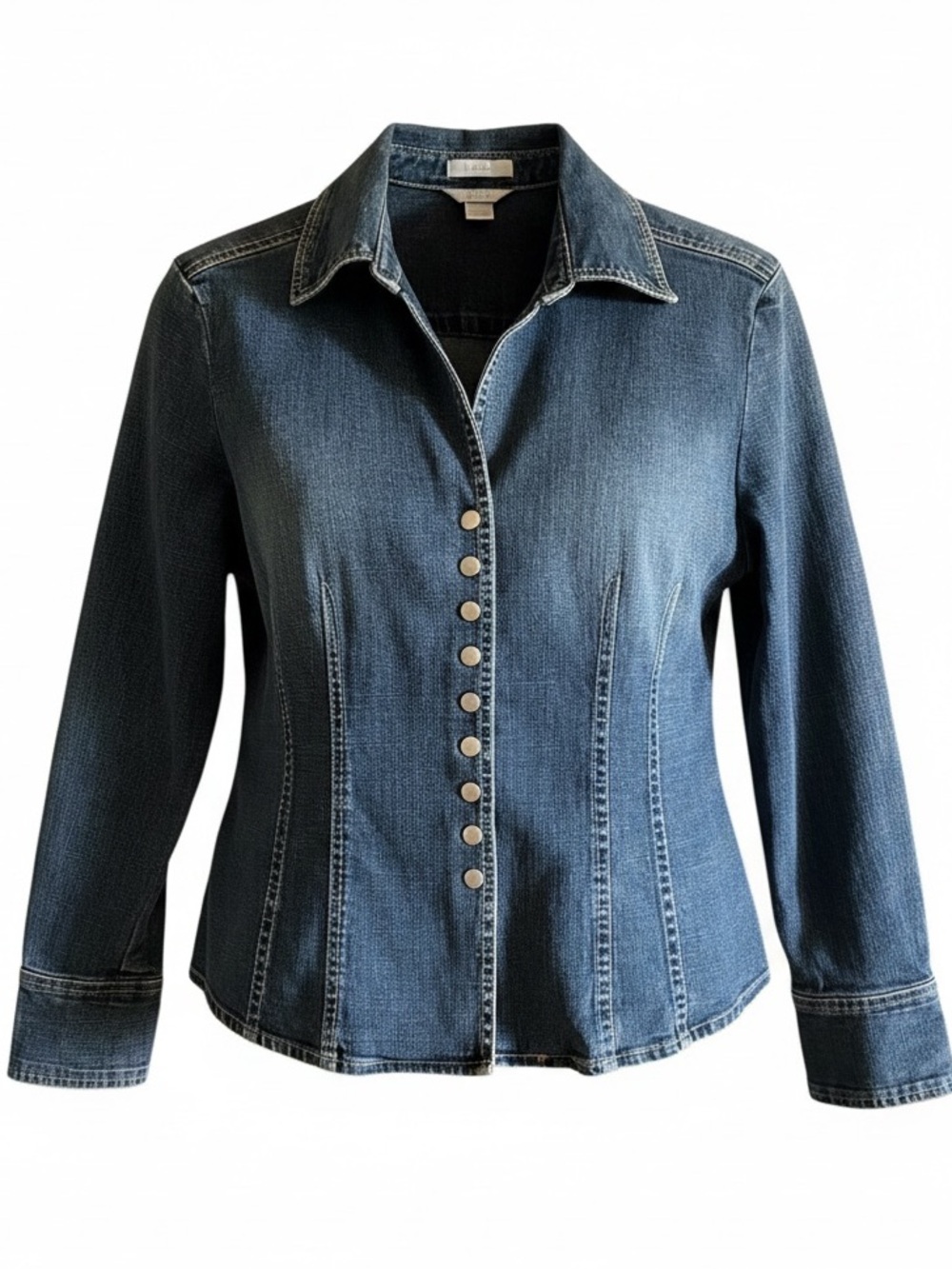 Denim Jacket Military Inspired Metal Snaps Stretch Jeans Large